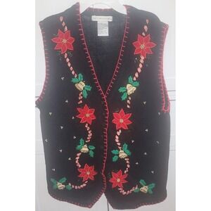 Victoria Jones Christmas Sweater Vest Poinsettia Bells Beaded vintage Holiday 90
